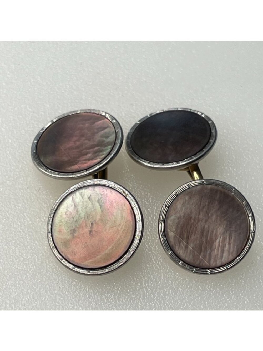 VTG Art Deco 14K Plated Double Sided Smoked Mother of Pearl Cufflinks Round